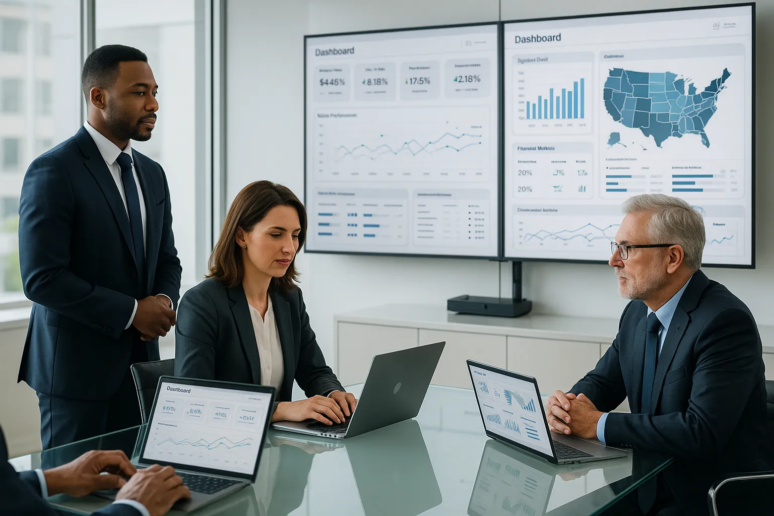 Business team reviewing shared analytics dashboards in a modern office.