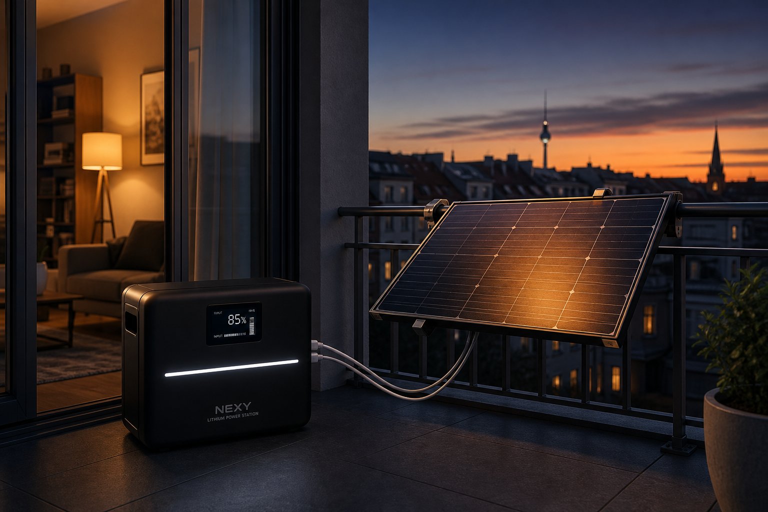 Kompakter Batteriespeicher neben Solarmodulen auf einem Wohnungsbalkon