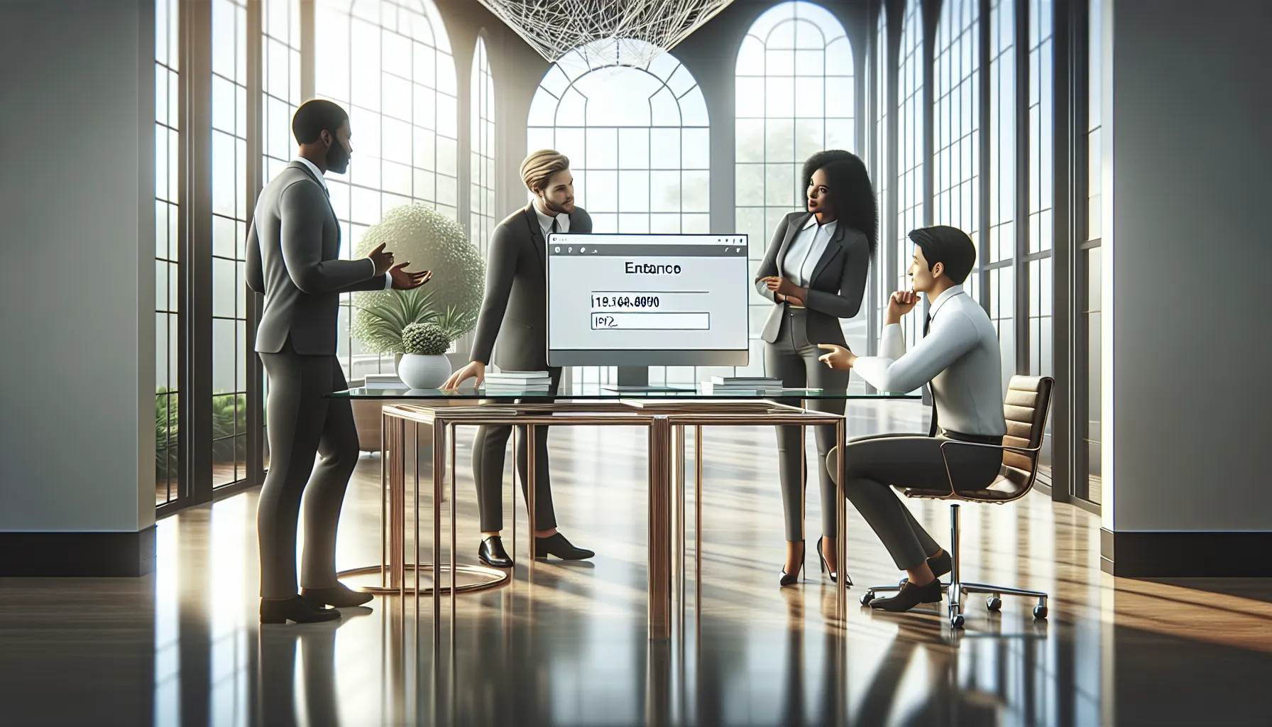 professionals discussing computer access in a modern office.