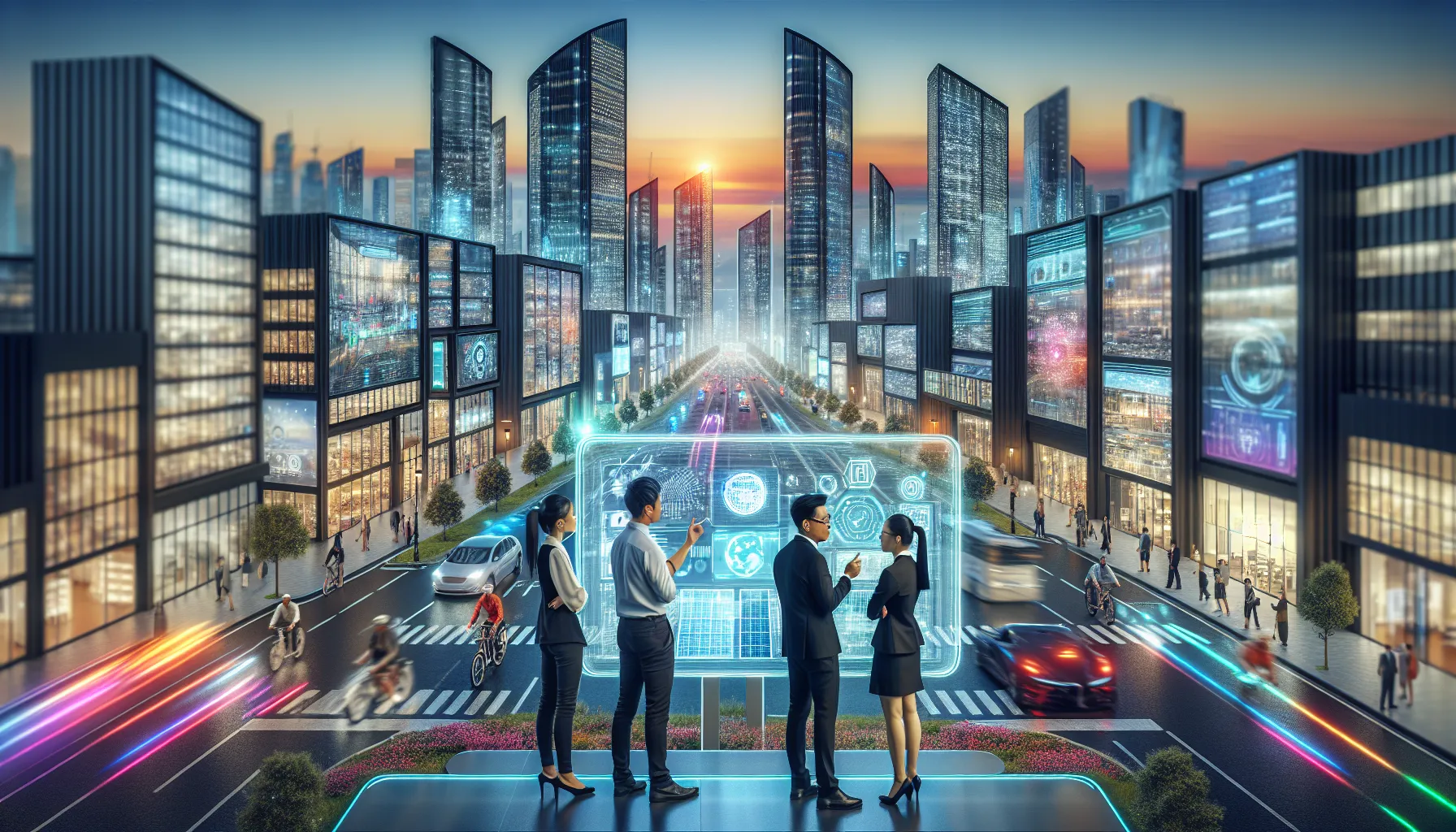 diverse professionals discussing smart city technologies in an advanced urban setting.