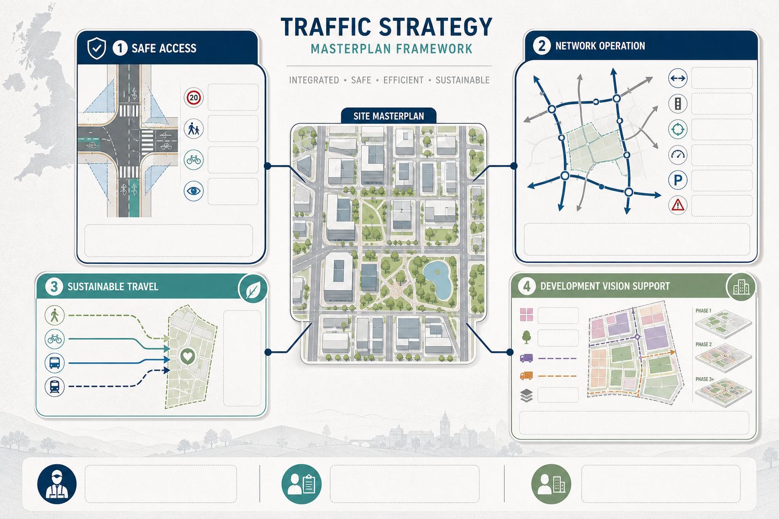 Infographic showing four core objectives of a UK masterplan traffic strategy.