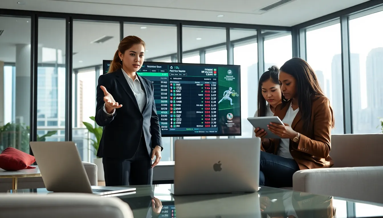 diverse professionals collaborating in a modern office on sports betting.
