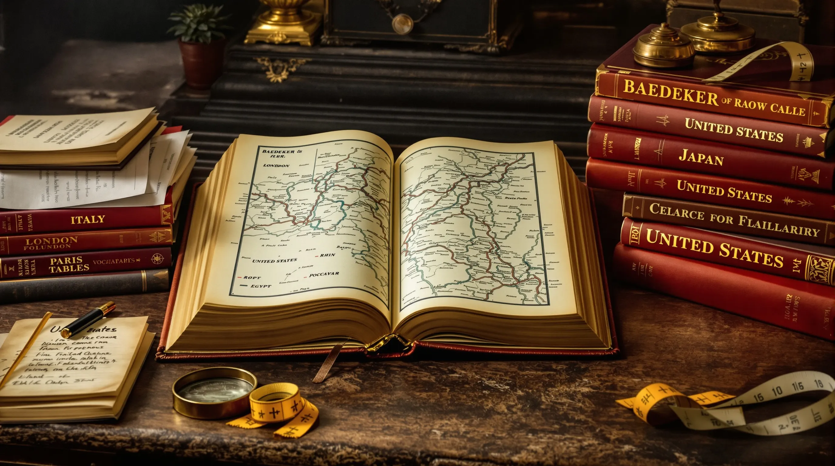 Open Baedeker guide with fold-out map on a vintage American desk.