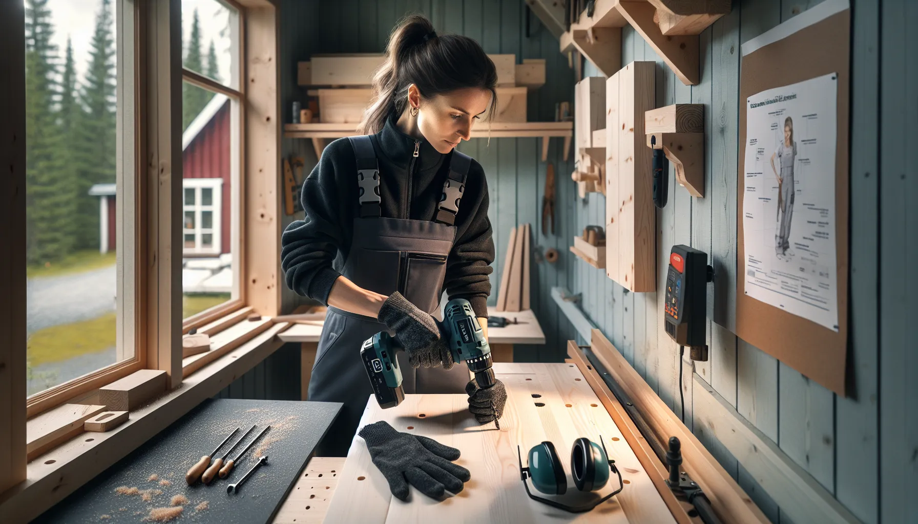 Norwegian craftswoman uses ergonomic drill with neutral wrist in bright workshop.