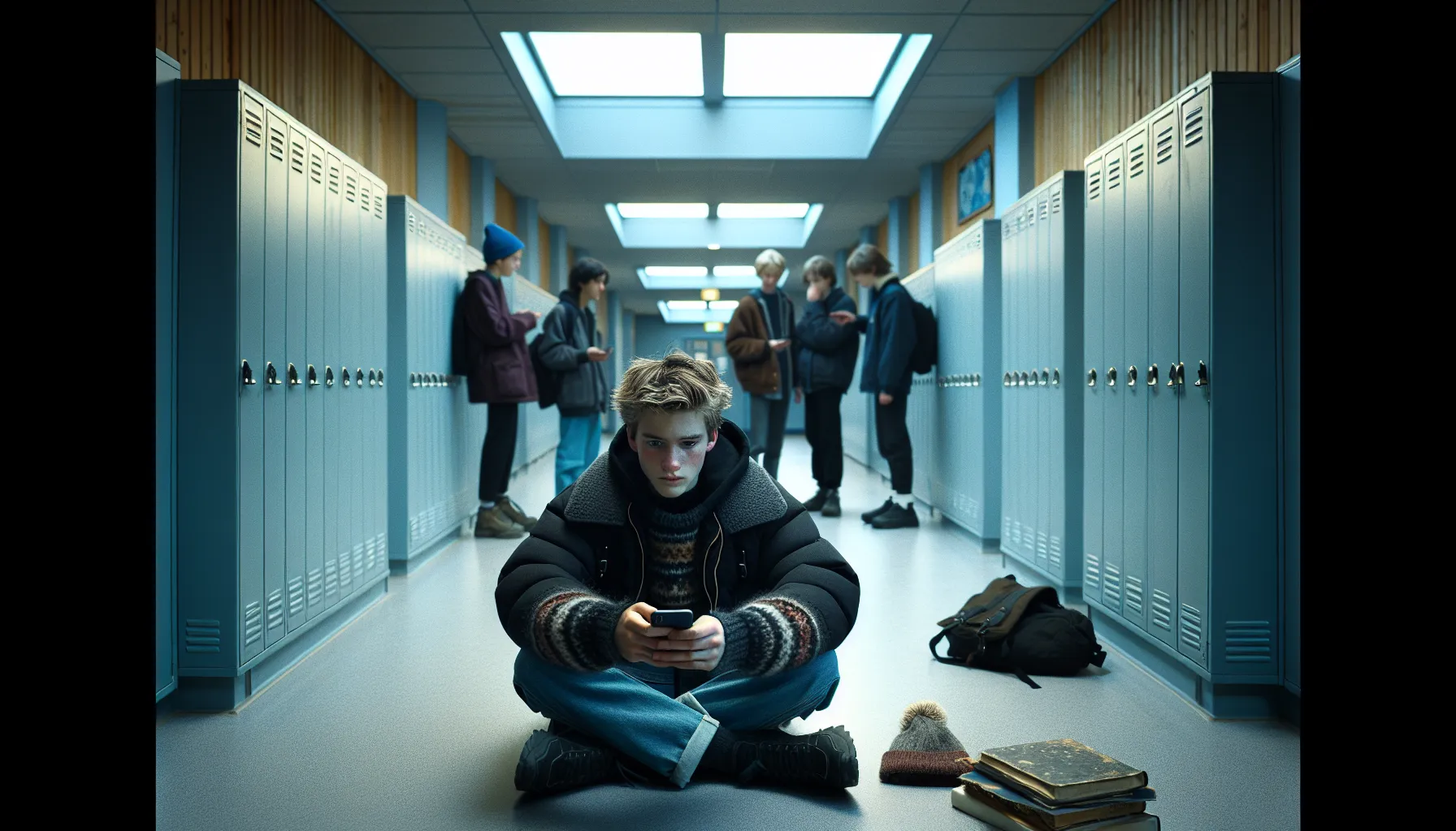 Anxious Norwegian teen alone at school, reading bullying messages on a phone.