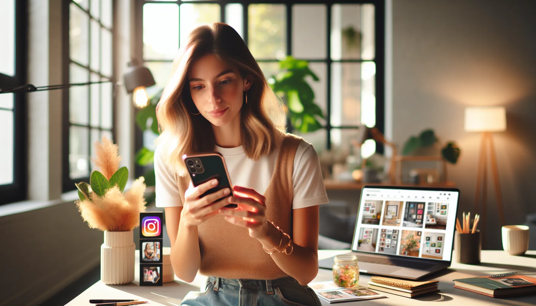 woman engaging with social media in a modern workspace.