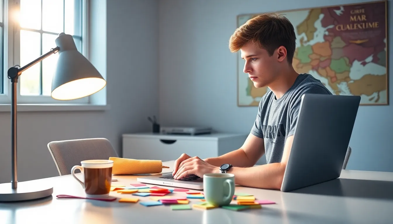 A young man designing characters for Crusader Kings II on a laptop.