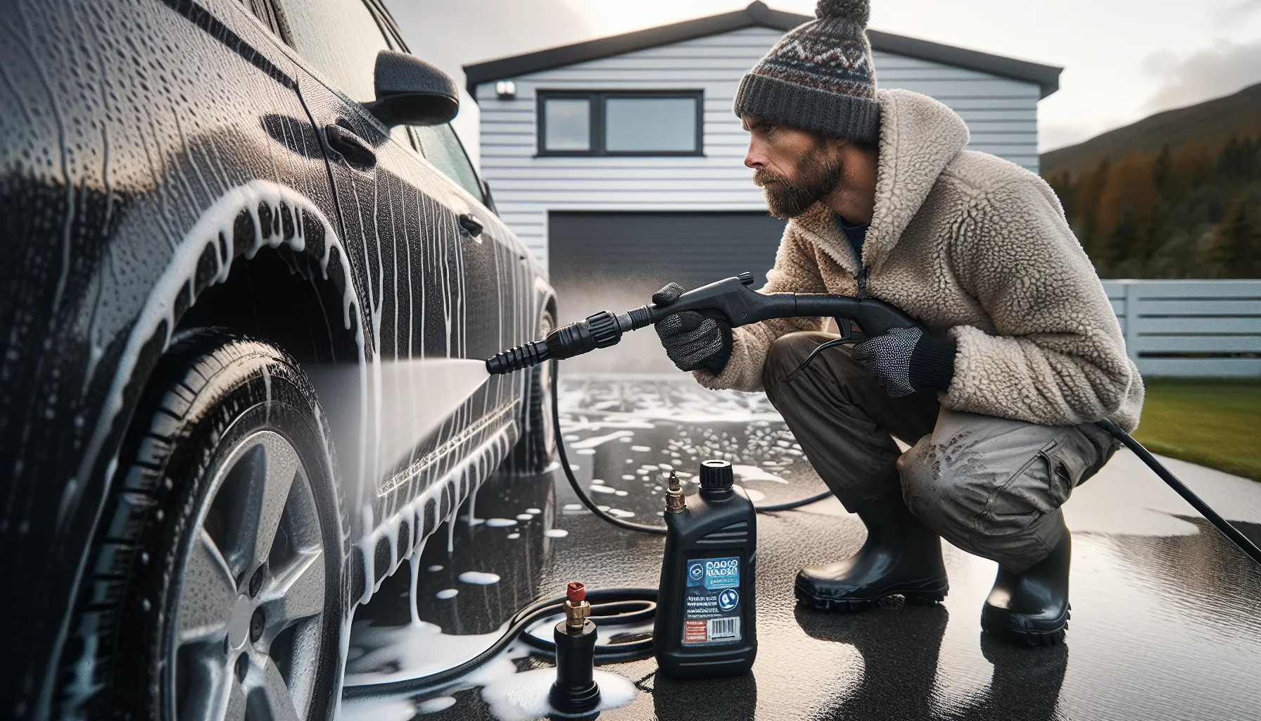 Hvordan bruke høytrykkspyler uten å skade lakken 2 Norwegian driver uses wide fan spray and foam cannon to protect paint.