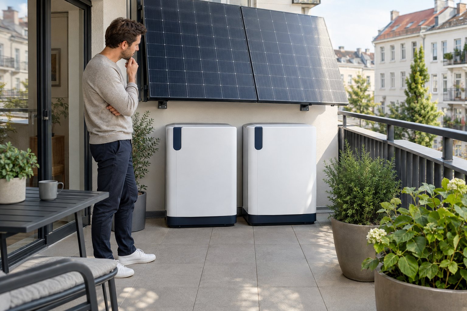 Zwei kompakte Batteriespeicher an einem Balkon mit Solarmodulen