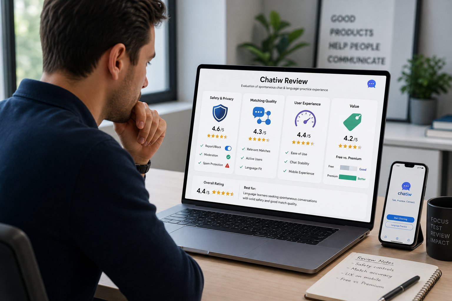 Reviewer analyzing Chatiw across safety, matching, UX, and value criteria.