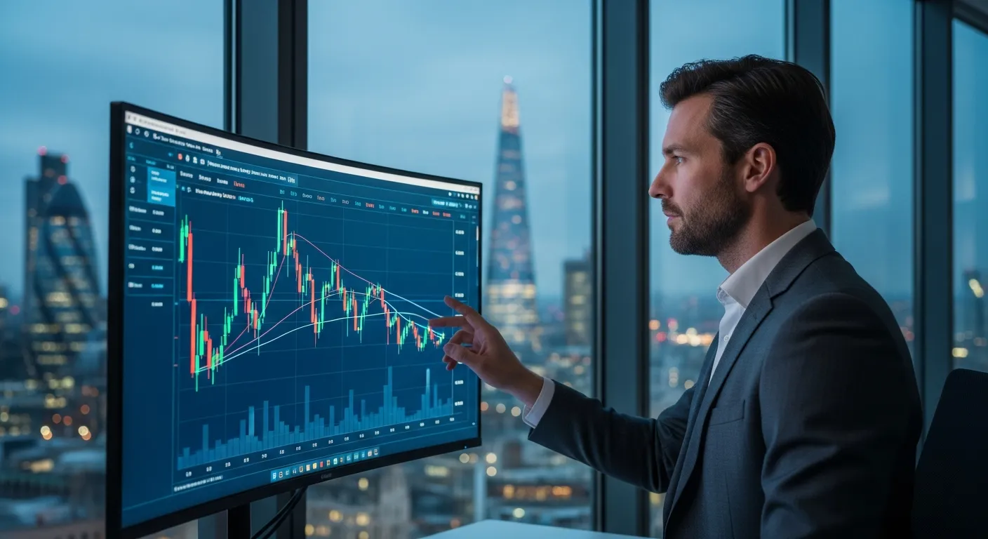 A financial analyst reviewing stable stock market charts in a modern London office skyline.