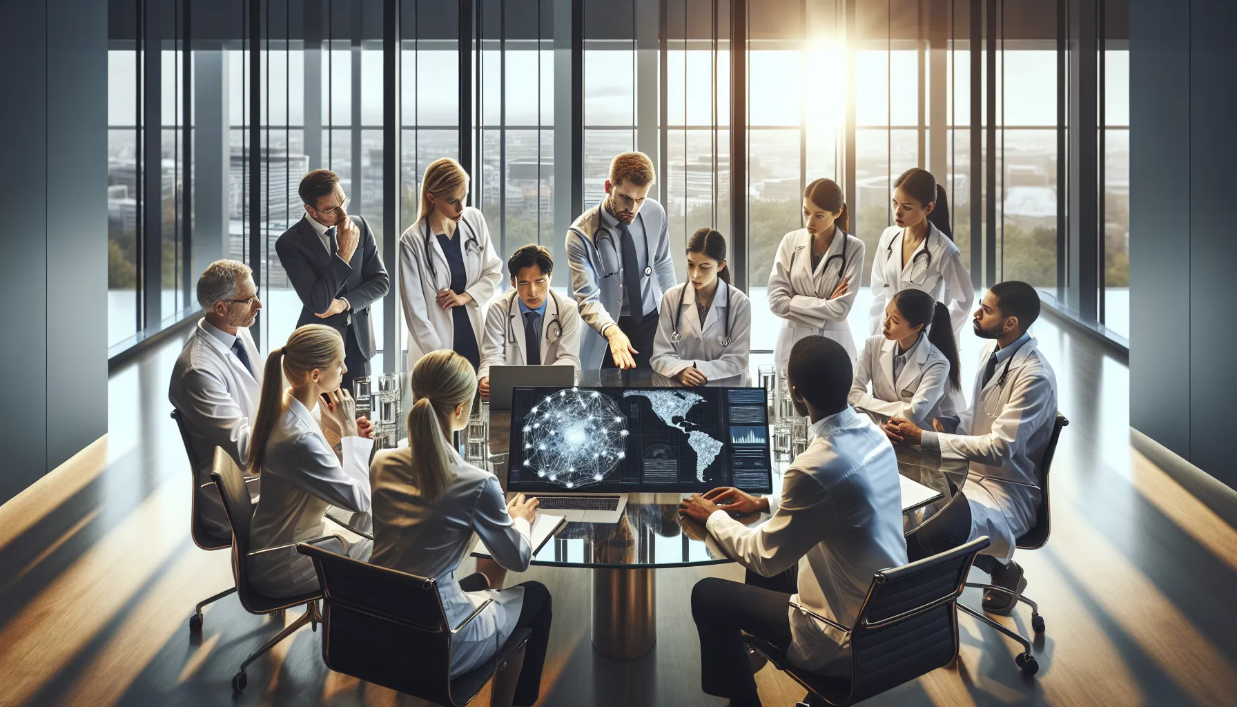 health professionals discussing solmaniosis in a modern office.