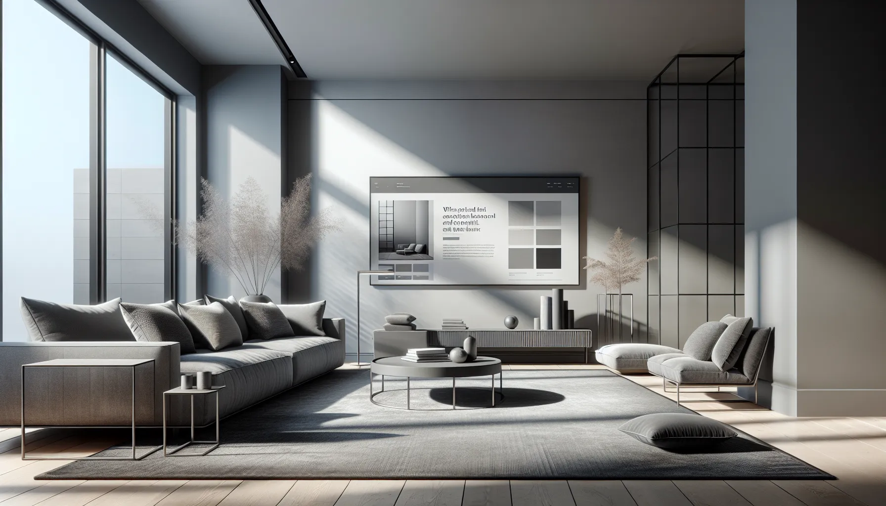 modern living room with gray tones and digital design elements.