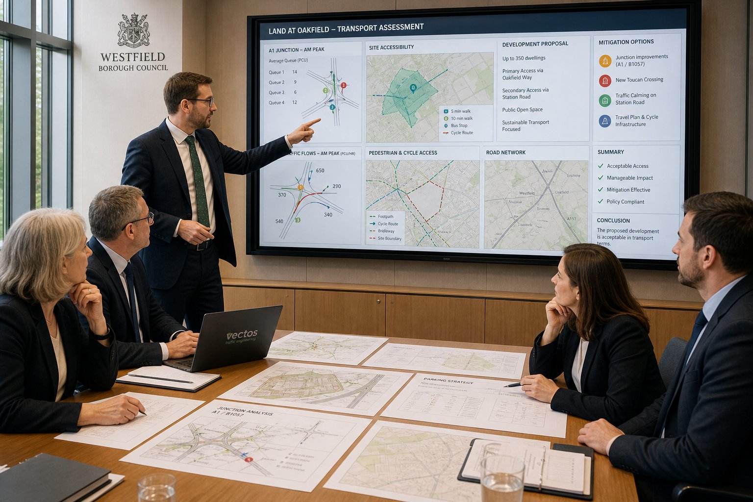 Traffic consultants presenting planning evidence in a modern UK meeting room.