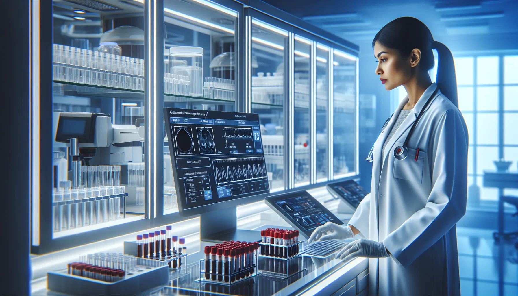 laboratory technician analyzing glutamyltransferase test results.