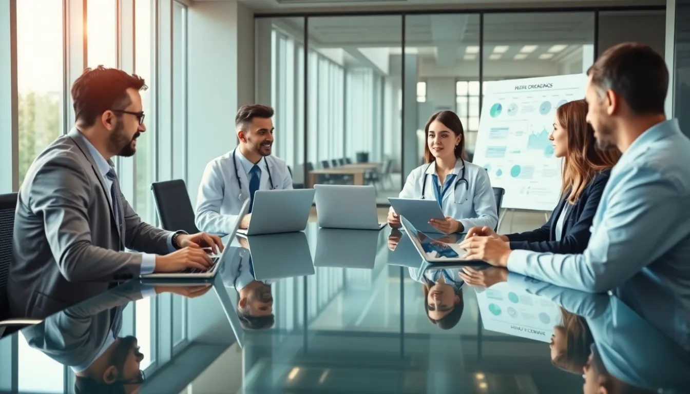 diverse healthcare team discussing supply chain management in a modern office.
