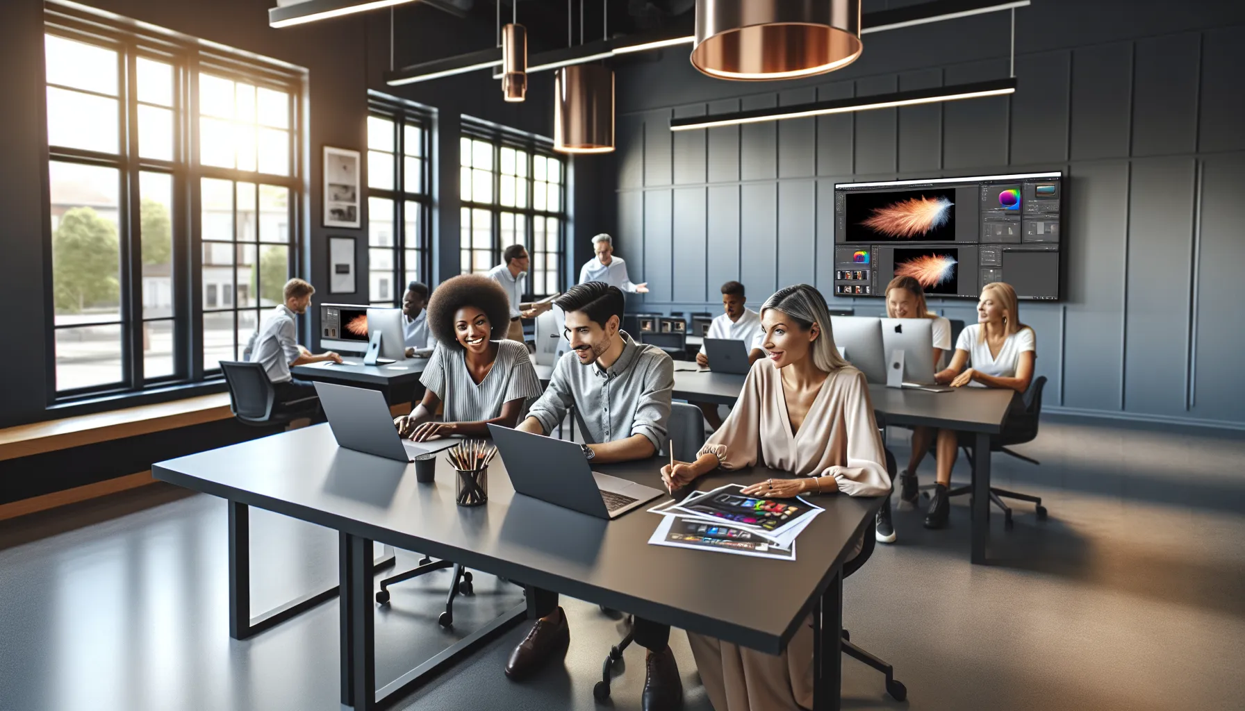 diverse learners collaborating in a modern classroom for Photoshop training.