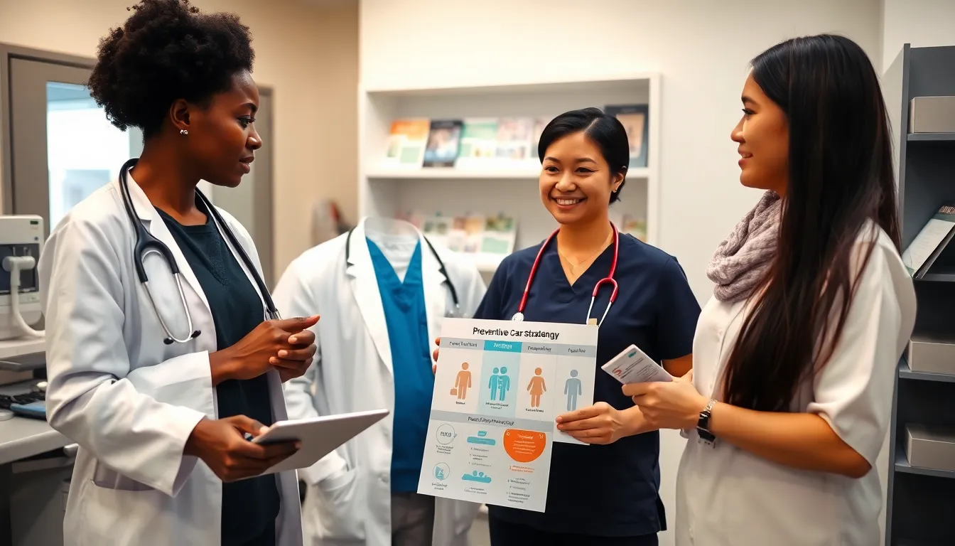 healthcare professionals discussing preventive care strategies in a modern clinic.