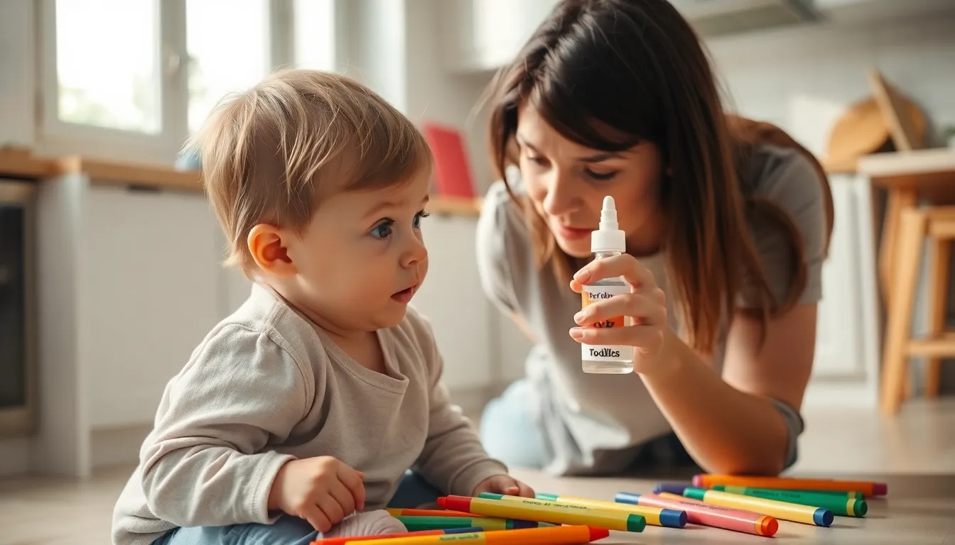 parent administering eye drops to a toddler in a modern kitchen.