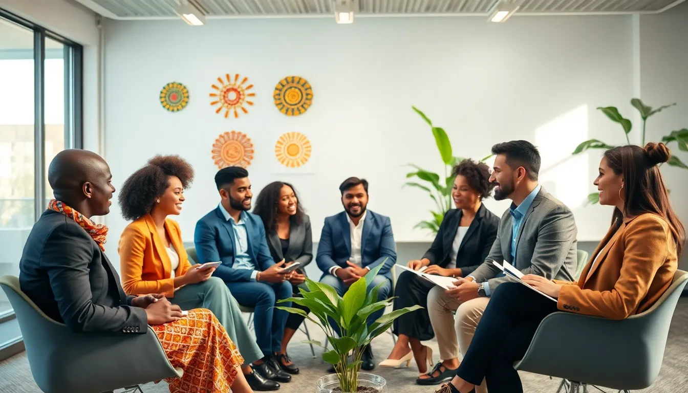 diverse group discussing cultural exchange in a modern setting.