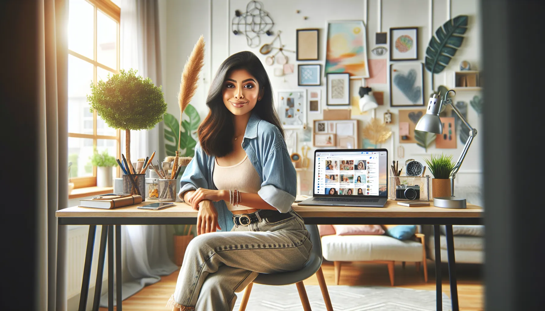 Young content creator in a vibrant home office engaging with her audience.