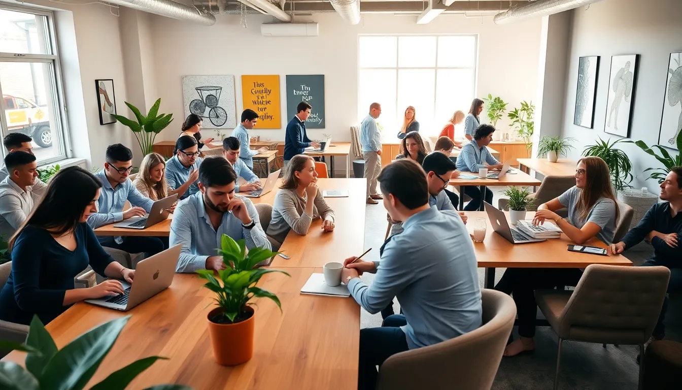 diverse professionals collaborating in a vibrant co-working space.