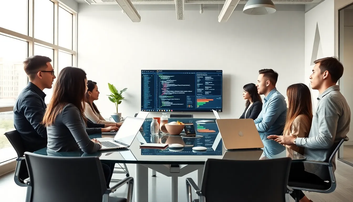 diverse team of developers collaborating in a modern office using Jenkins.