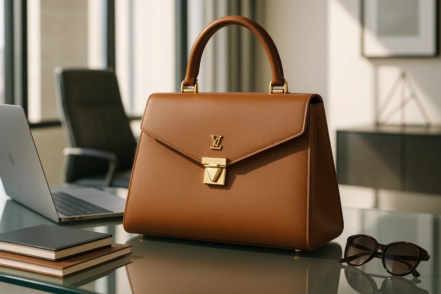 Structured leather handbag on a desk in a modern office.