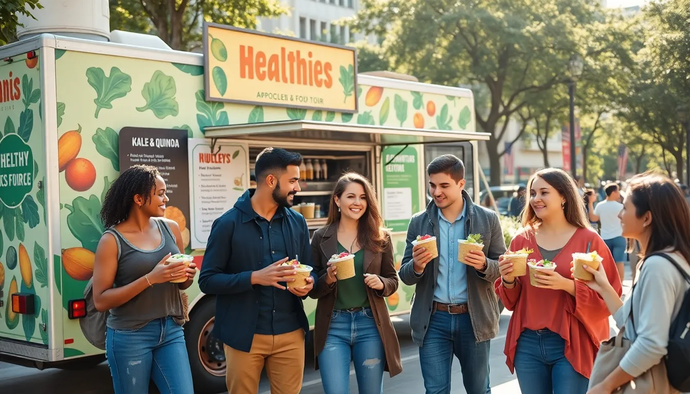 diverse customers enjoying healthy meals from a vibrant food truck.