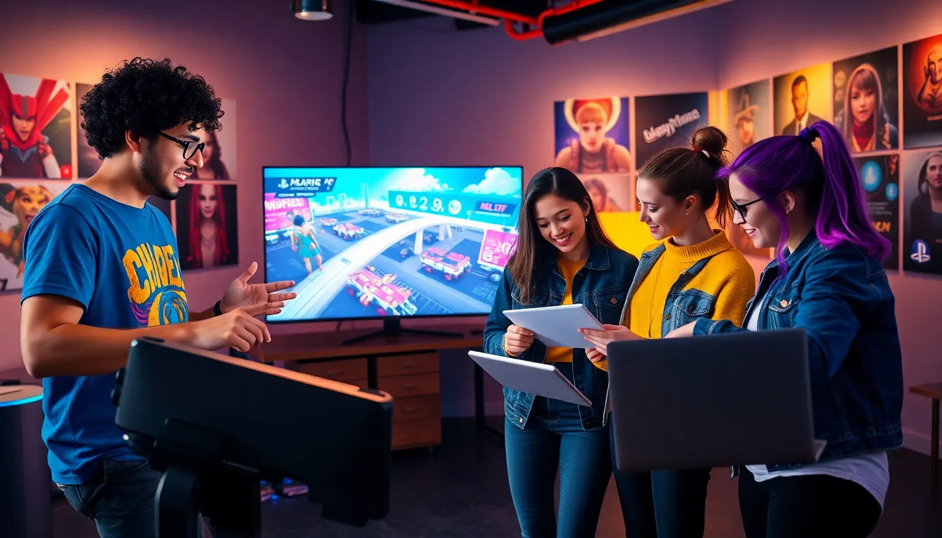 a diverse group collaborating on a PlayStation game project in a studio.