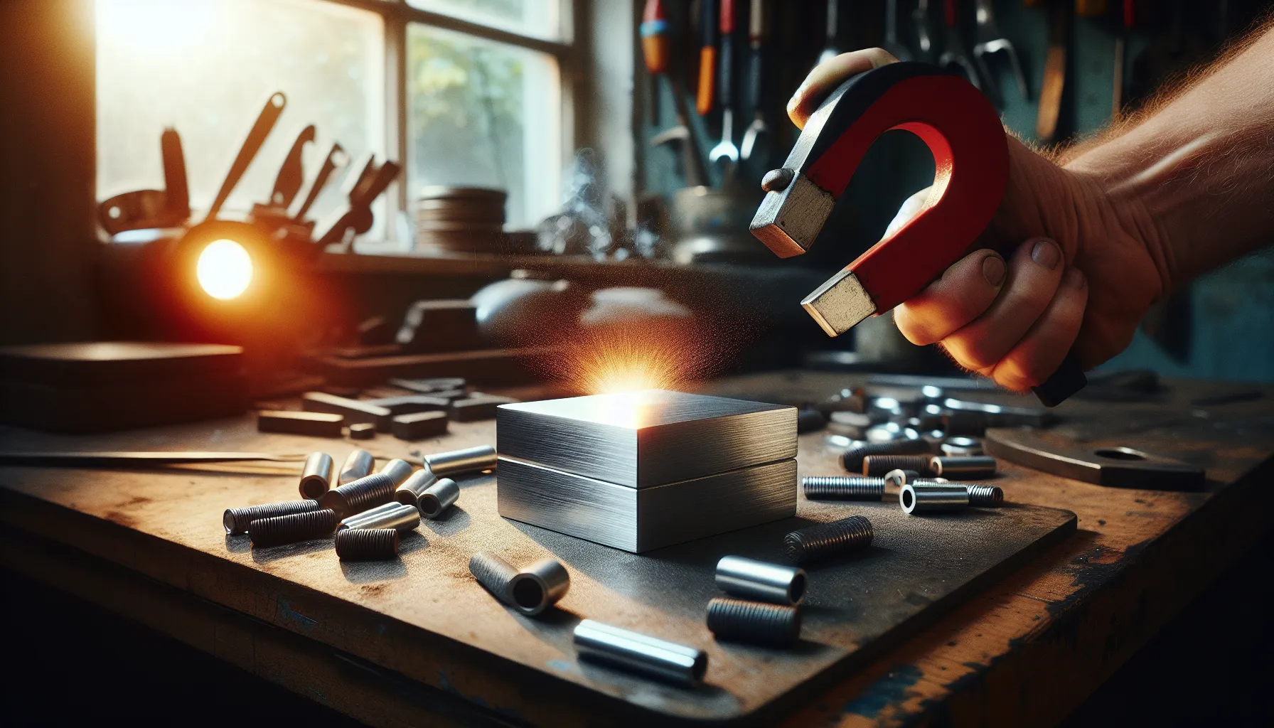 a man demonstrating the magnet test on aluminum and stainless steel in a workshop.