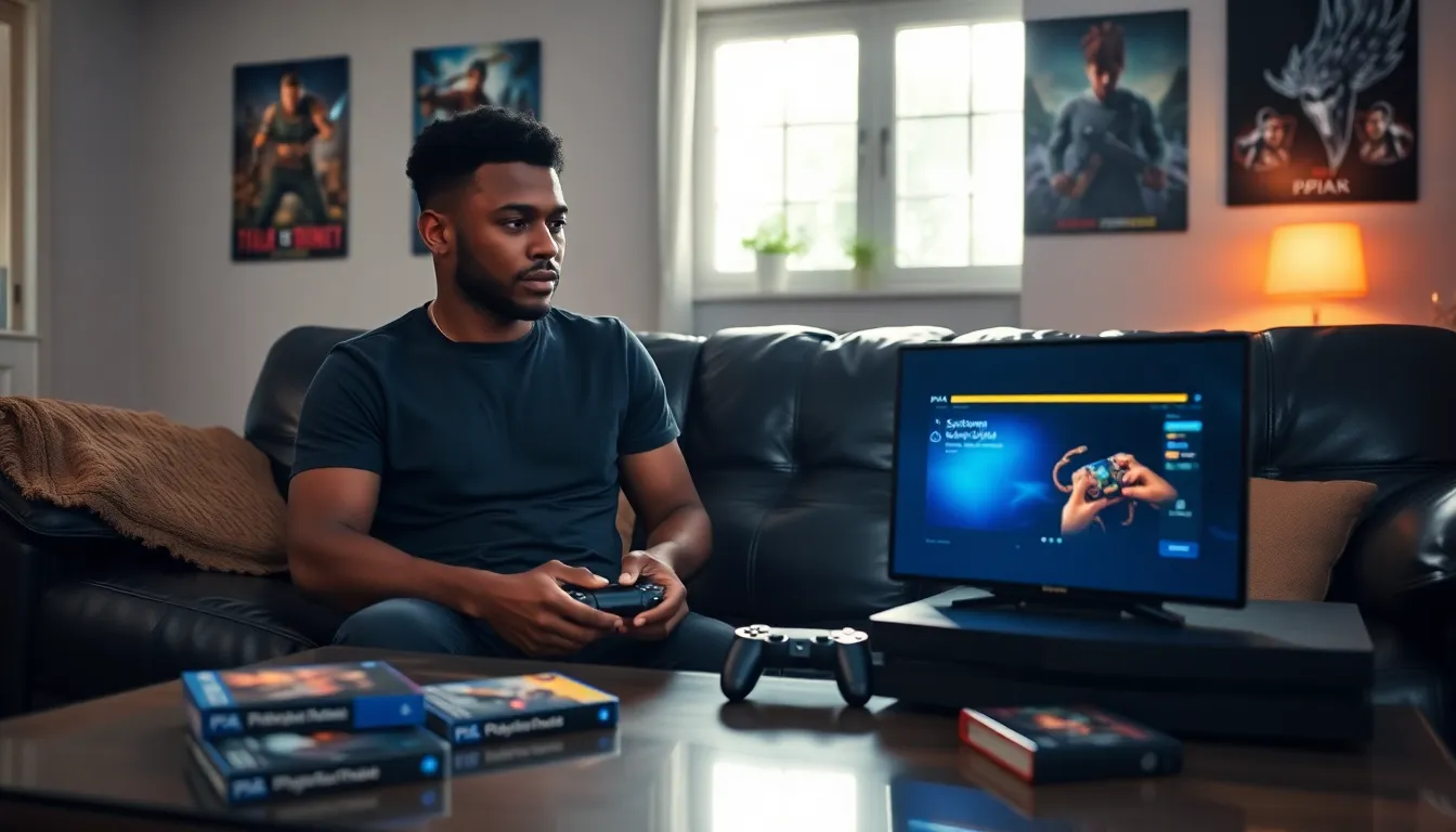 a young man eagerly waiting for a PS4 system update in a cozy living room.