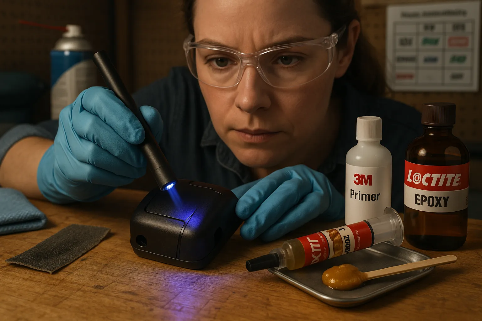 Person curing UV resin on a cracked plastic part beside epoxy and prep tools.