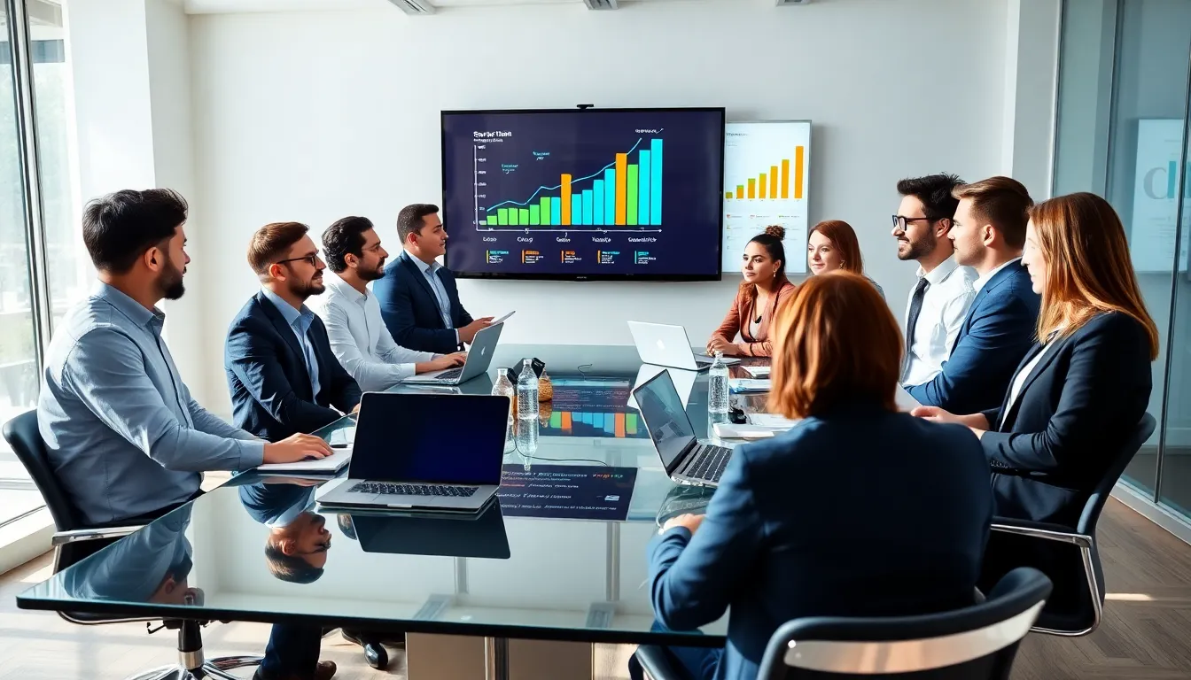 diverse team pitching a startup in a modern conference room.