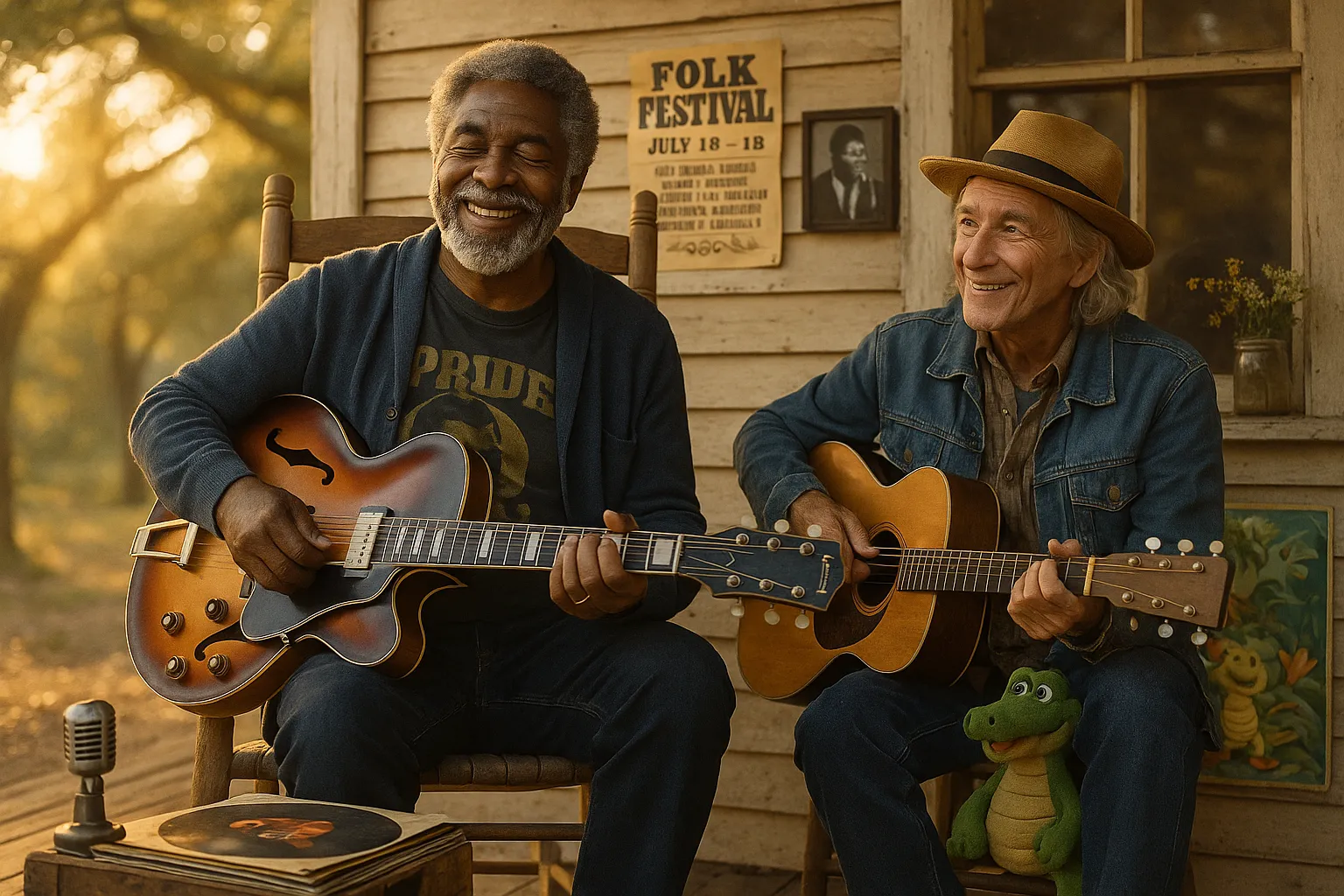 Two cool grandpas on a porch—soulful guitarist and playful folk storyteller.