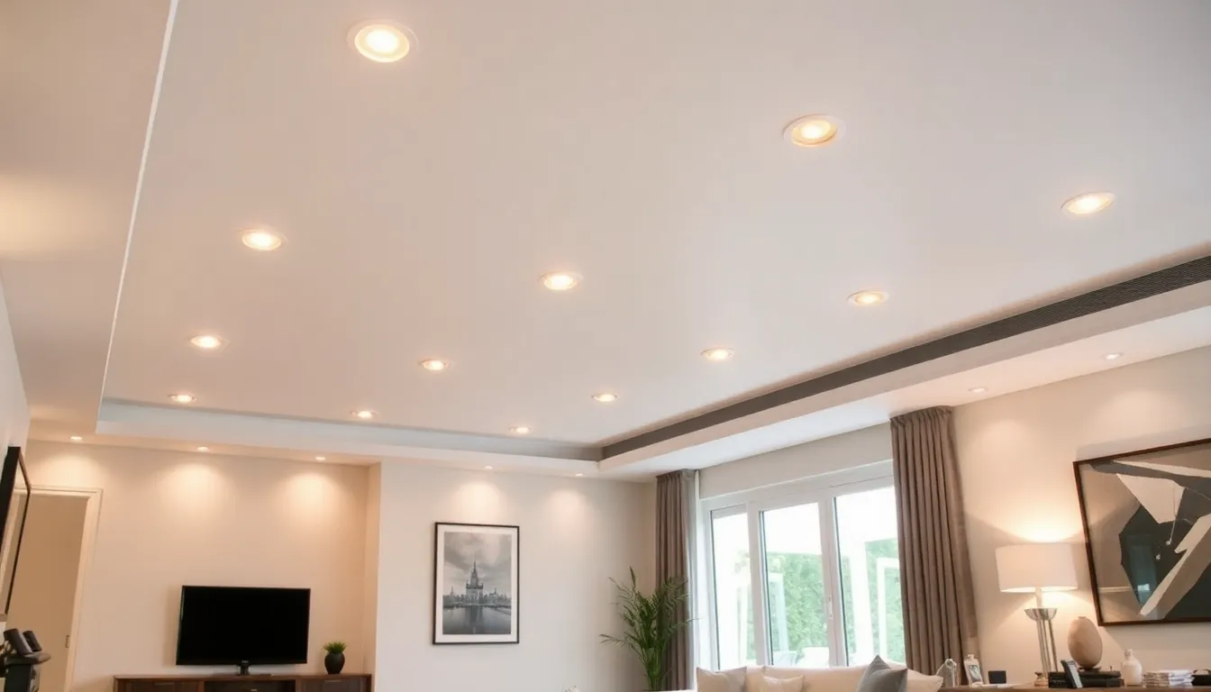 modern living room with recessed lighting fixtures in the ceiling.