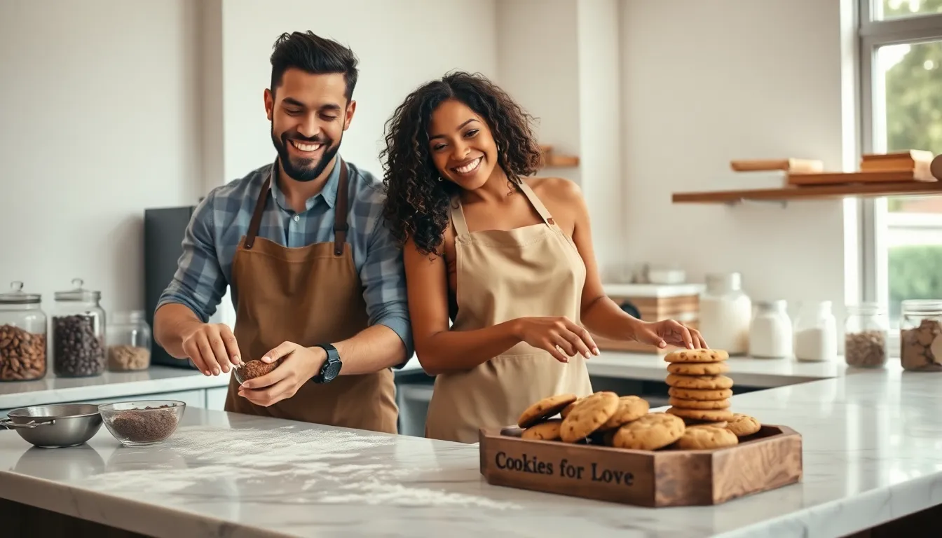 couple baking cookies in a cozy, modern bakery kitchen.