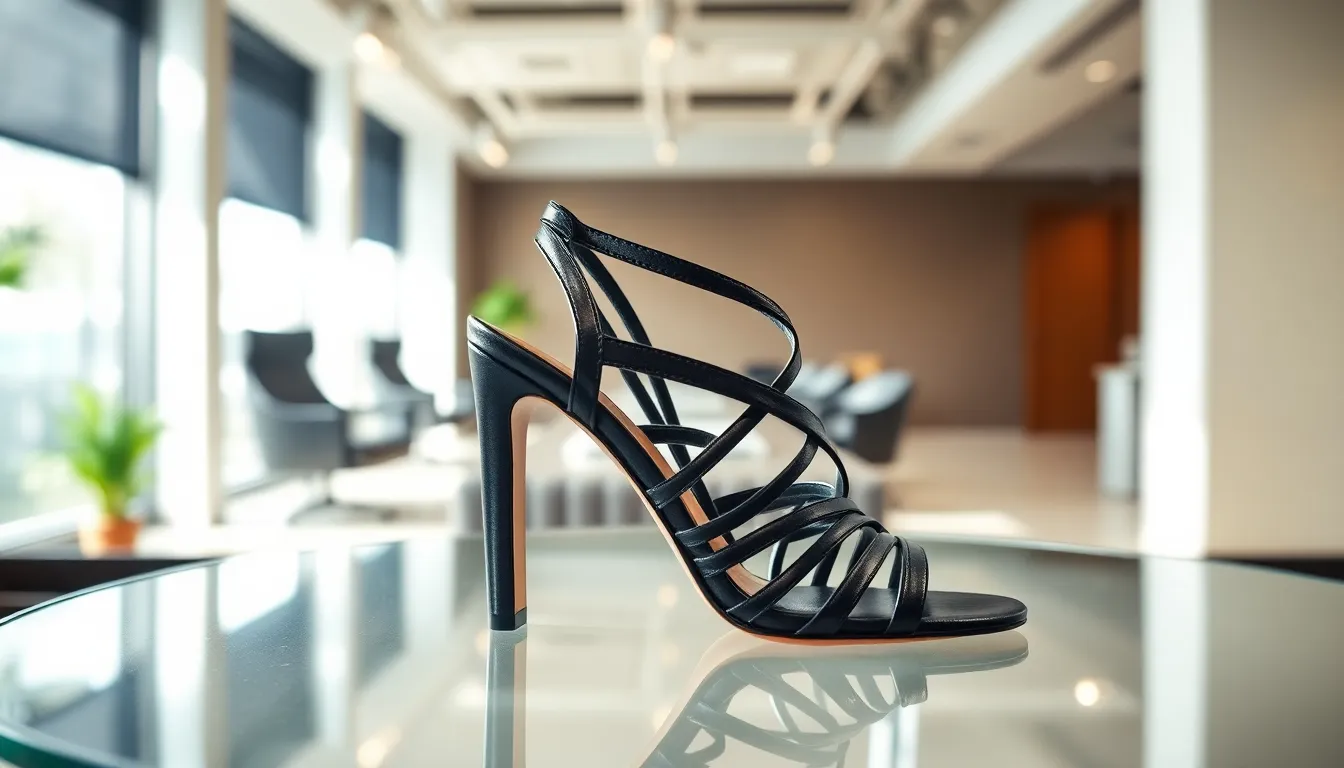 elegant Steve Madden strappy heels on a glass table in a modern office.
