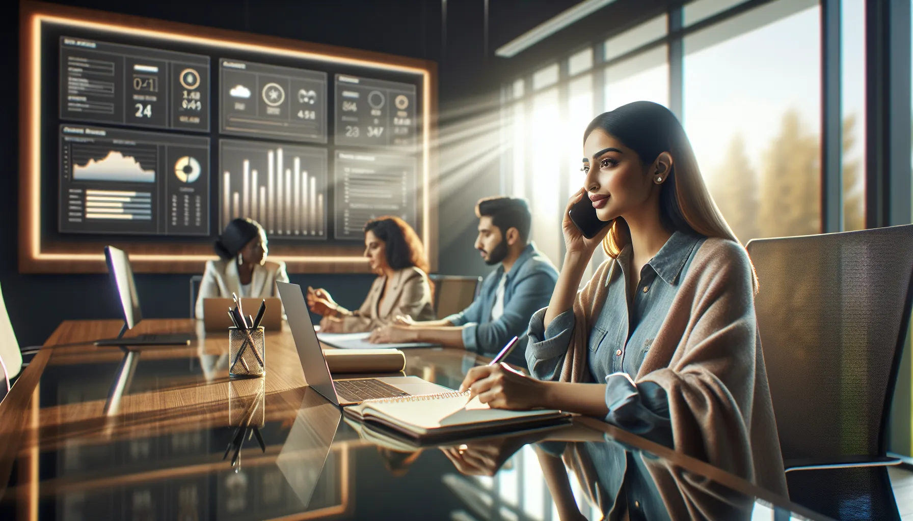 team discussing phone call verification in a modern office.