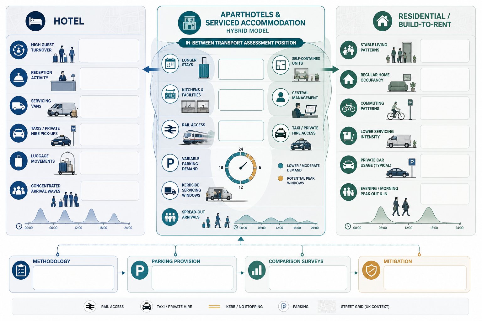 Hybrid transport assessment infographic comparing aparthotels with hotels and residential schemes.