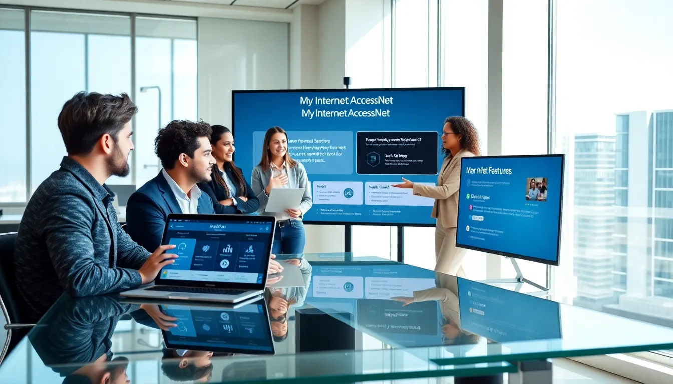 professionals discussing internet services in a modern office.