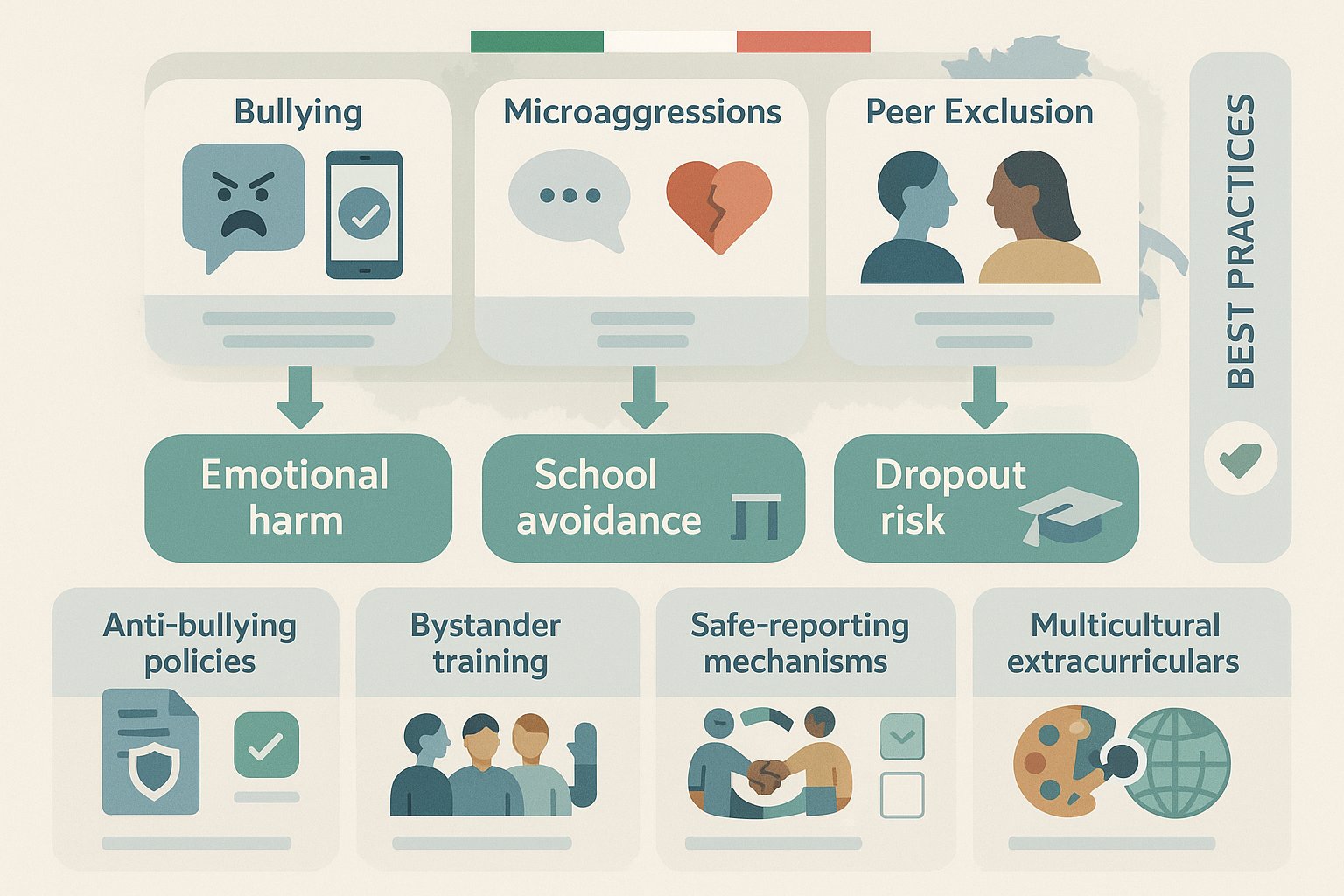 Infografica di flusso che mostra problemi di discriminazione scolastica, danni e soluzioni in Italia.