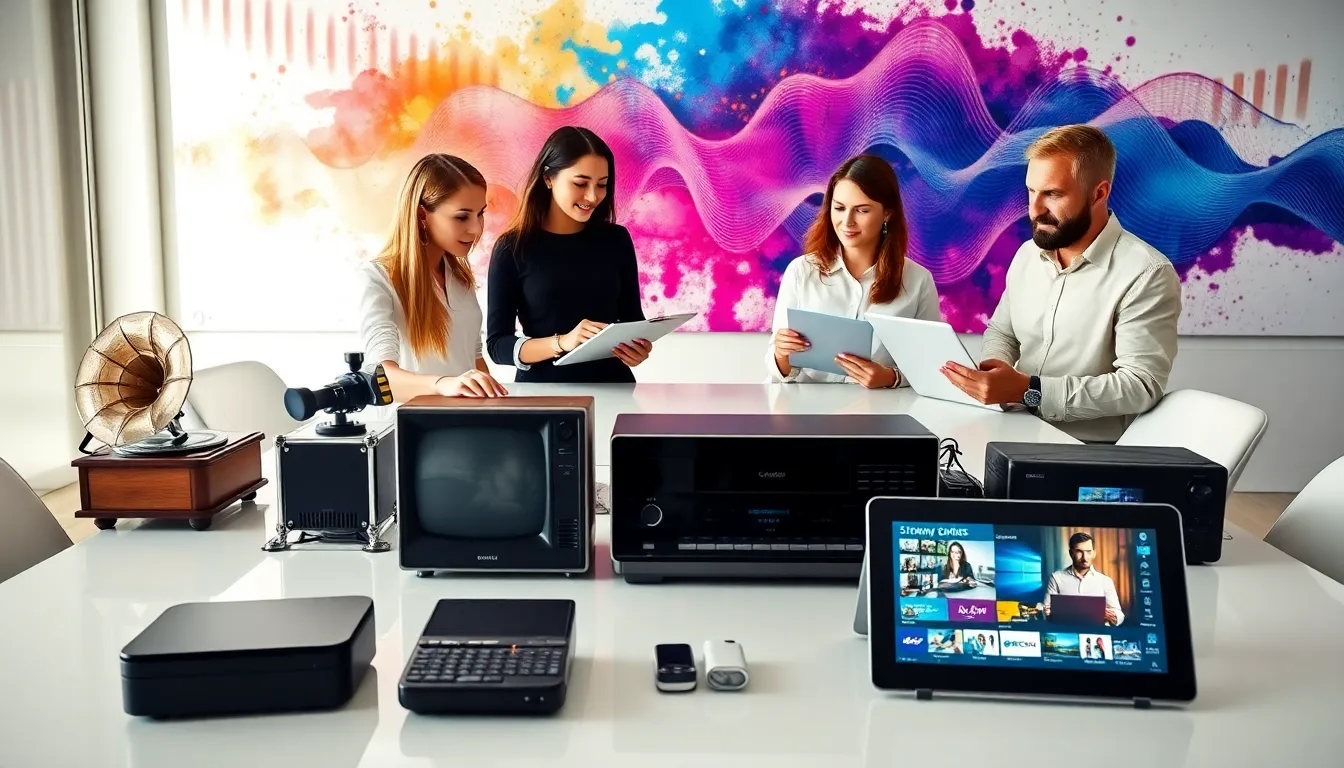 team exploring the evolution of audio and visual technology in a modern office.