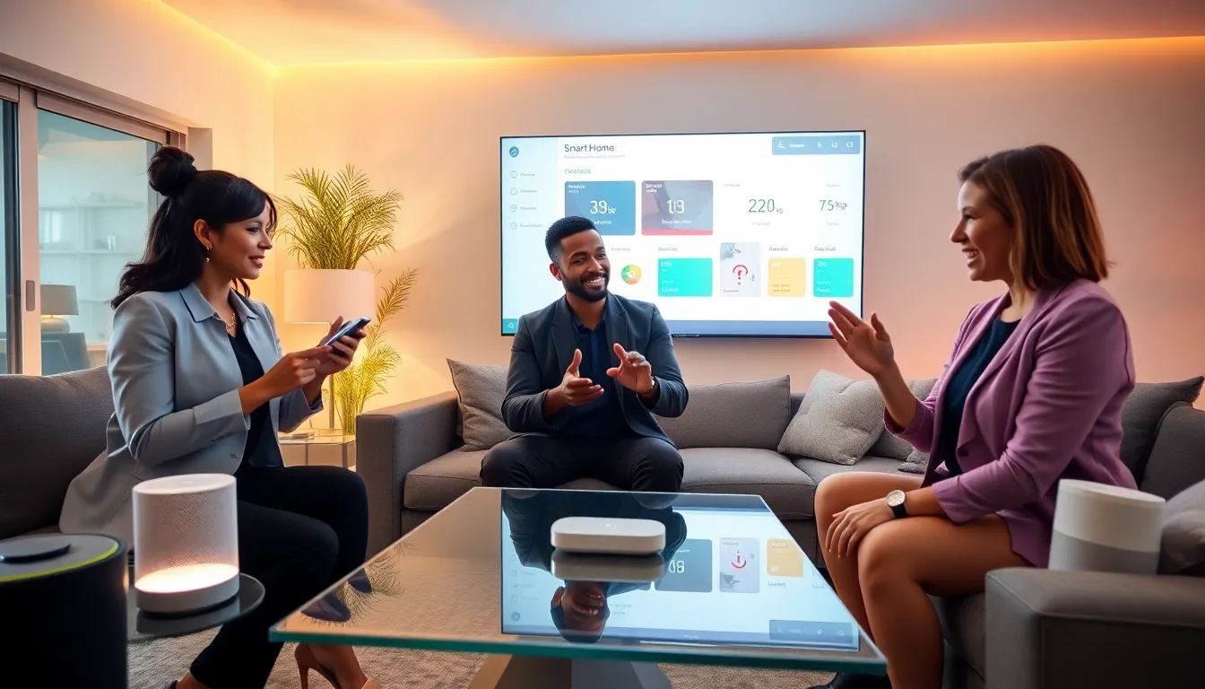 diverse team engaging with smart home technology in a modern living room.