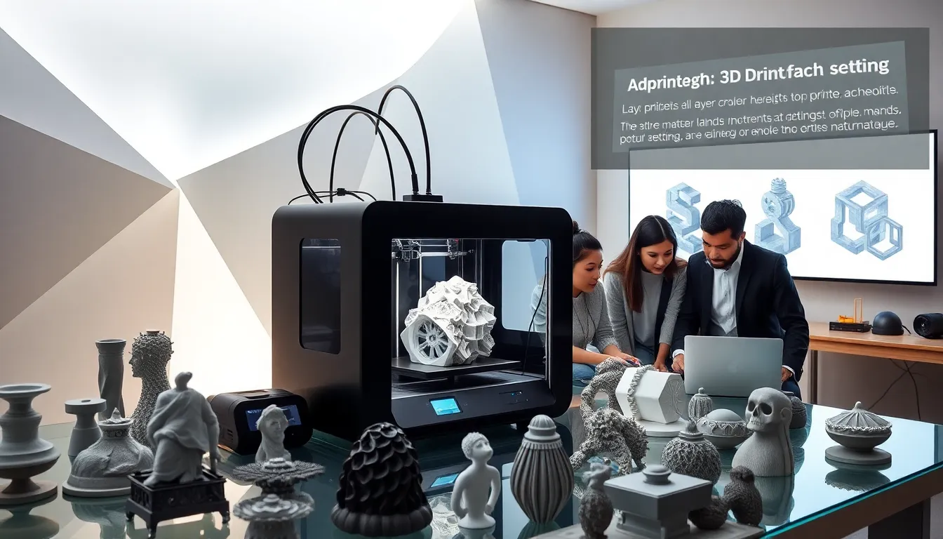 professionals analyzing a 3D printer in a modern office.