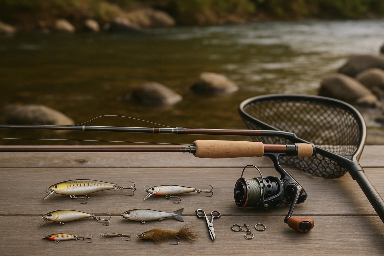 Advanced brown trout fishing gear arranged beside a clear river.