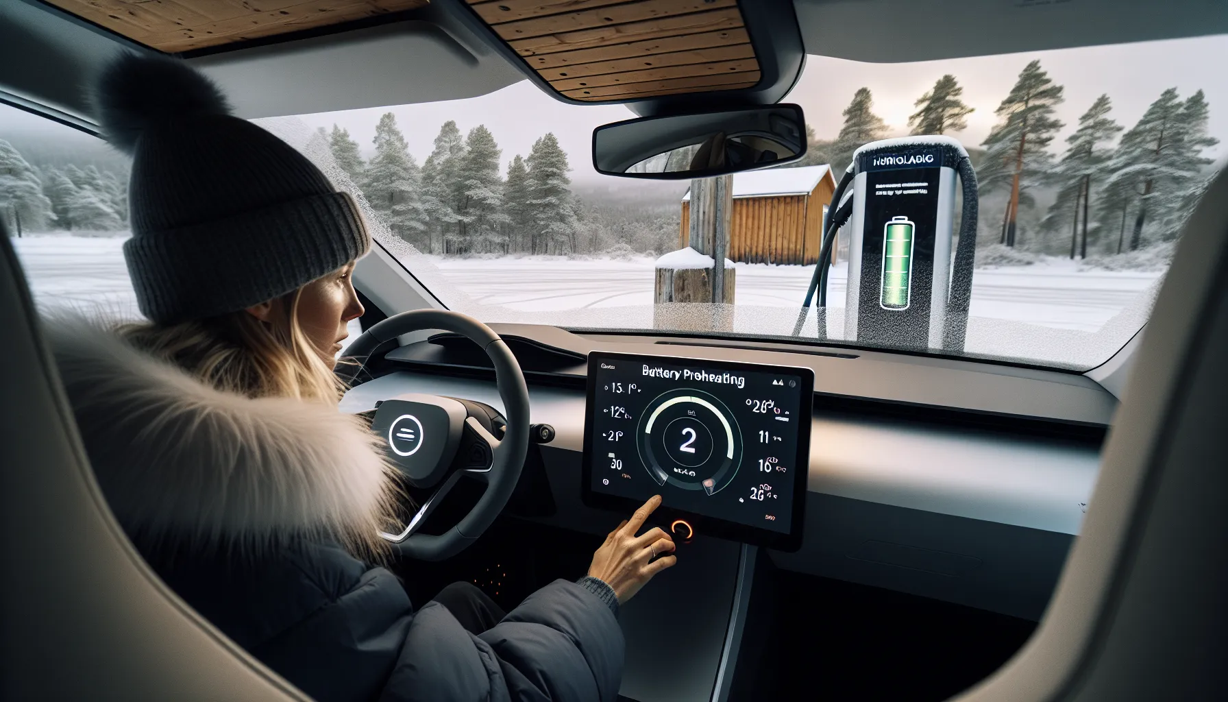 Driver preheats ev battery before fast charging at a snowy norwegian station.