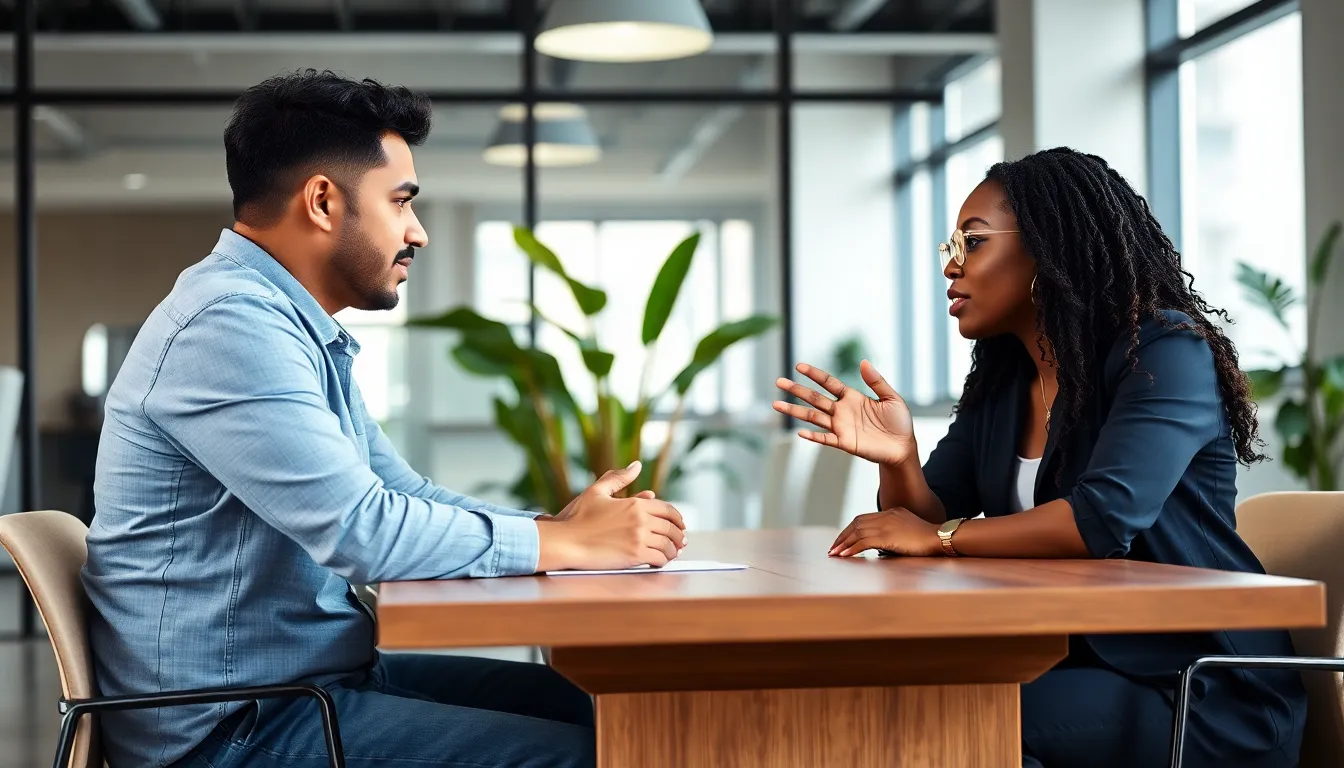diverse couple discussing relationship advice in a modern office.