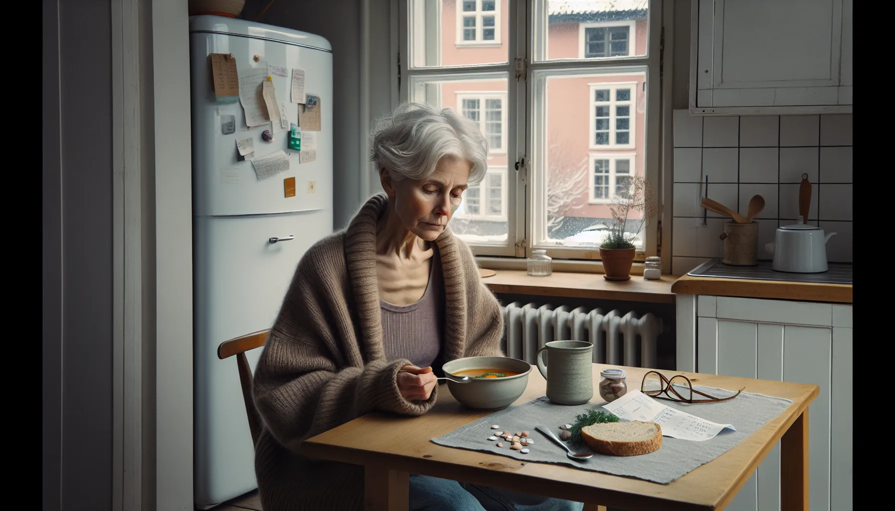 Older norwegian woman with loose clothes eating a small meal in a cold kitchen.