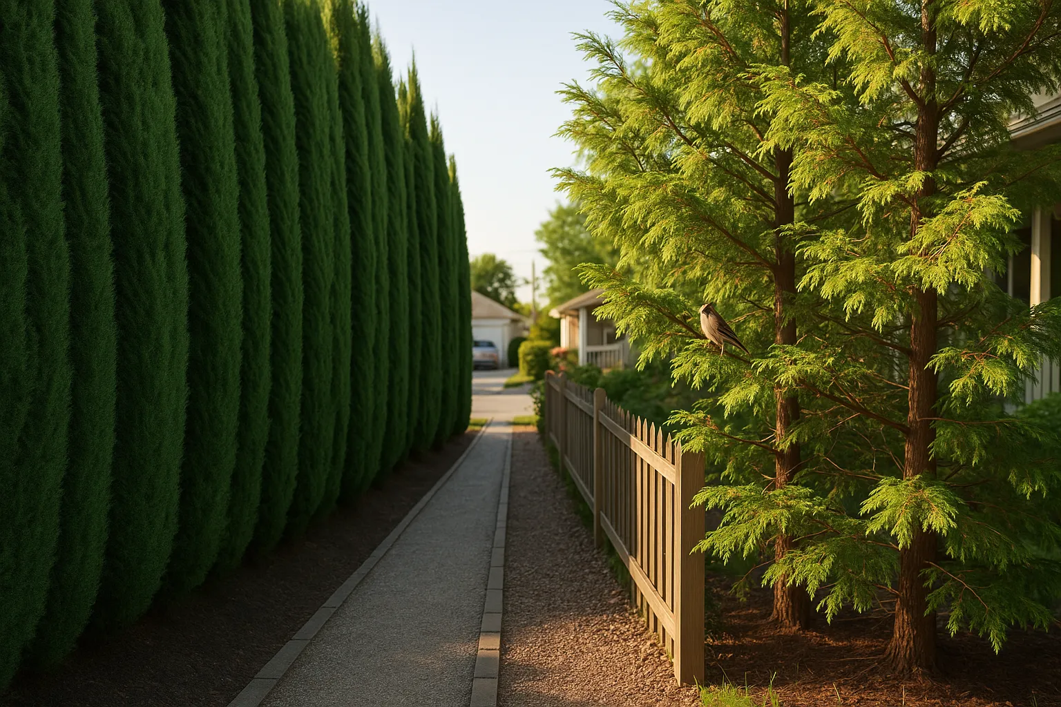 Side-by-side Leylandii and Thuja hedges showing dense dark-green versus softer, bronzed foliage.